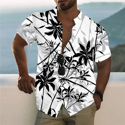 Men's Tropical Print Casual Short Sleeve Button-Down Shirt with Deep V-Neck Design