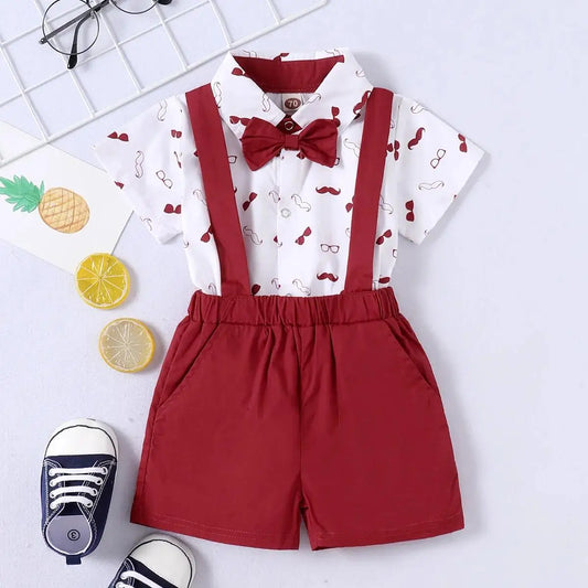 Baby Gentleman Bow Tie Suspender Shorts and Mustache Print Shirt Set