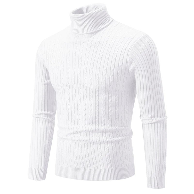 Men's Turtleneck Sweater with Cable Knit Pattern and Slim Fit Design, Featuring Ribbed Cuffs and Hem for a Stylish and Warm Casual Look