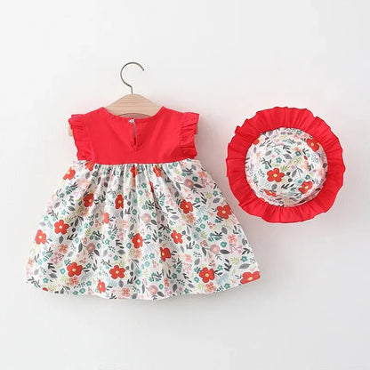 Adorable Toddler Girl's Floral Print Ruffle Dress with Matching Sun Hat for Summer Fun