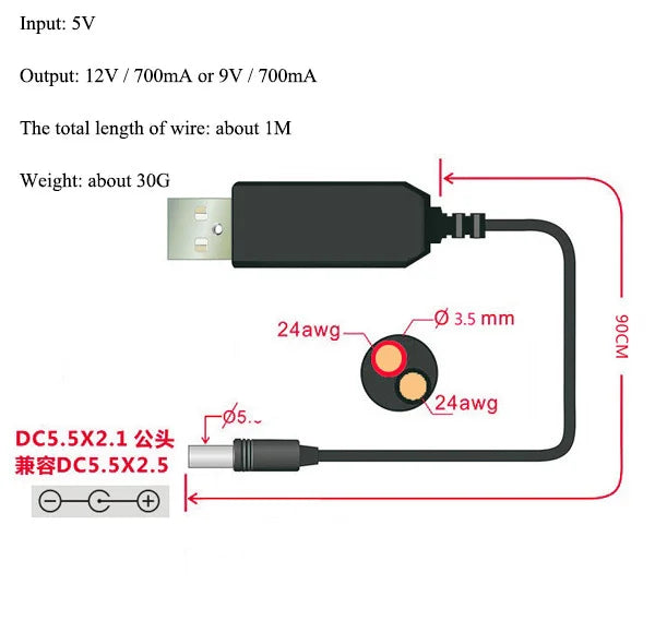 USB 5V to 12V Power Converter Cable, Ideal for Connecting Power Banks to WiFi Routers and Other 12V Devices