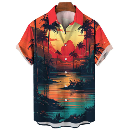 Vintage Surf and Palm Tree Print Short-Sleeve Hawaiian Shirt with Button-Up Closure and Turn-Down Collar