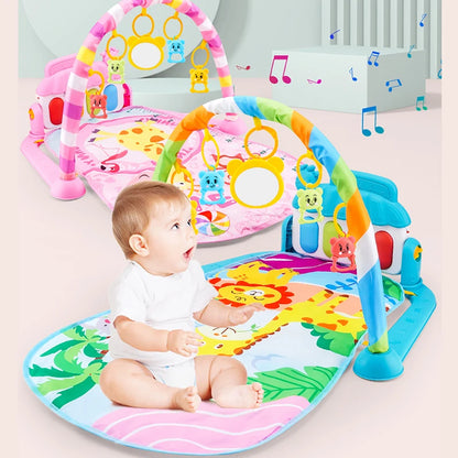 Baby Activity Gym Play Mat with Musical Piano Keyboard, Hanging Toys, and Soft Cushion for Interactive Tummy Time and Sensory Development