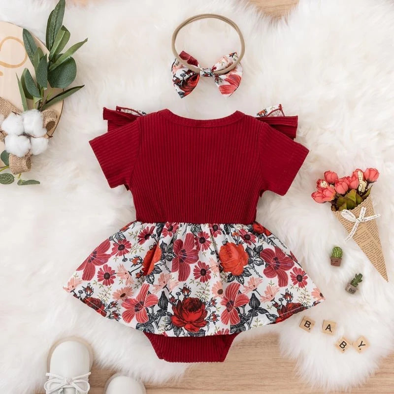 Floral Ruffle Sleeve Baby Romper Dress with Matching Headband, Perfect for Special Occasions and Photoshoots