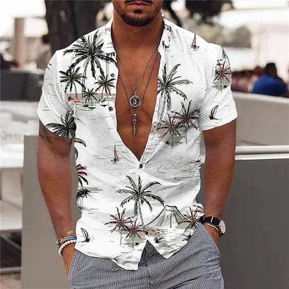 "Men's Tropical Print Short Sleeve Casual Button-Up Shirt with Relaxed Fit"