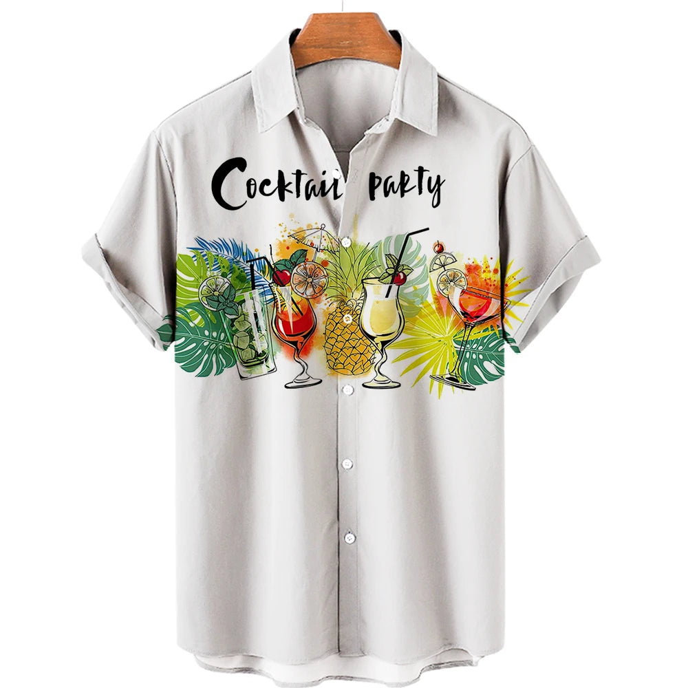 Vintage Surf and Palm Tree Print Short-Sleeve Hawaiian Shirt with Button-Up Closure and Turn-Down Collar