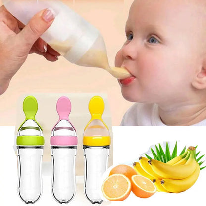 Squeezable Baby Feeding Bottle with Soft Spoon Dispenser for Easy and Mess-Free Feeding