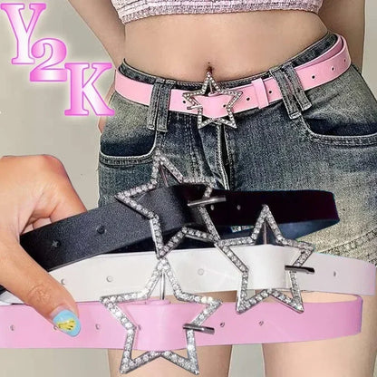 Y2K-Inspired Faux Leather Belt with Star-Shaped Rhinestone Buckle for Trendy and Edgy Outfits