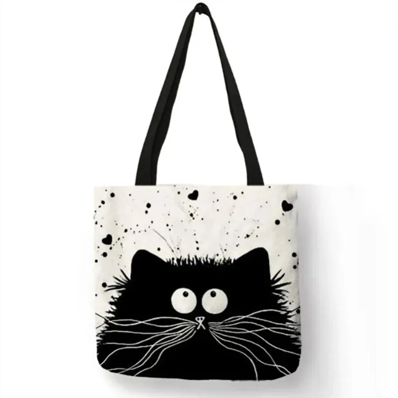 Canvas Tote Bag with Whimsical Cat Print and Heart Accent for Women