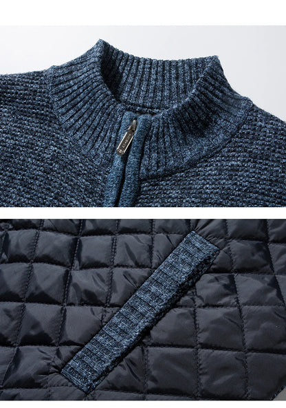 Men's Quilted and Knit Zip-Up Jacket with High Collar and Plaid Lining