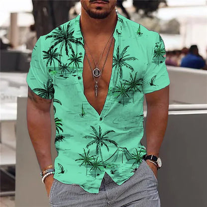 "Men's Tropical Print Short Sleeve Casual Button-Up Shirt with Relaxed Fit"