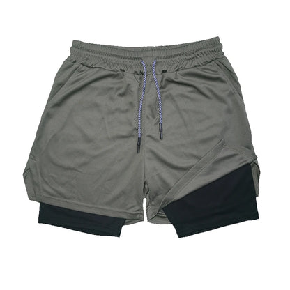 Men's Two-in-One Athletic Shorts with Built-in Compression Liner and Phone Pocket, Featuring Elastic Waistband and Drawstring Closure