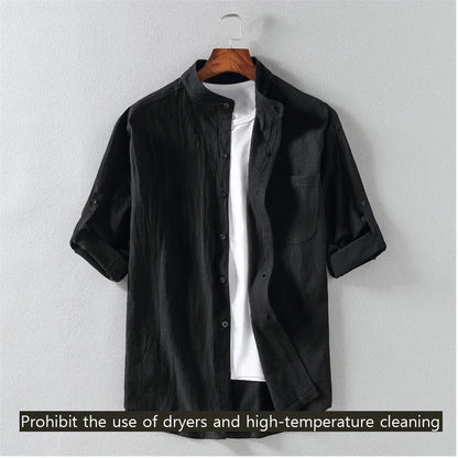 Men's 3/4 Sleeve Mandarin Collar Button-Up Shirt with Chest Pocket and Layered Look, Perfect for Casual and Semi-Formal Outfits