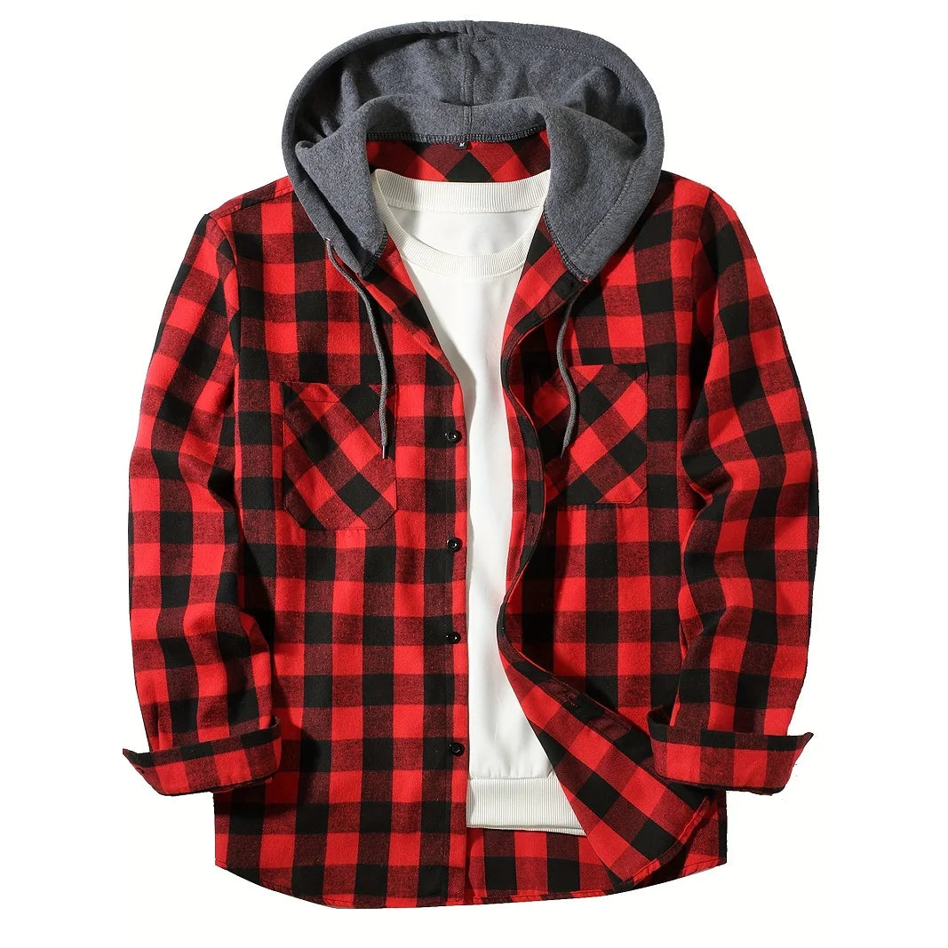 Plaid Flannel Hoodie Shirt with Button-Up Front and Dual Chest Pockets