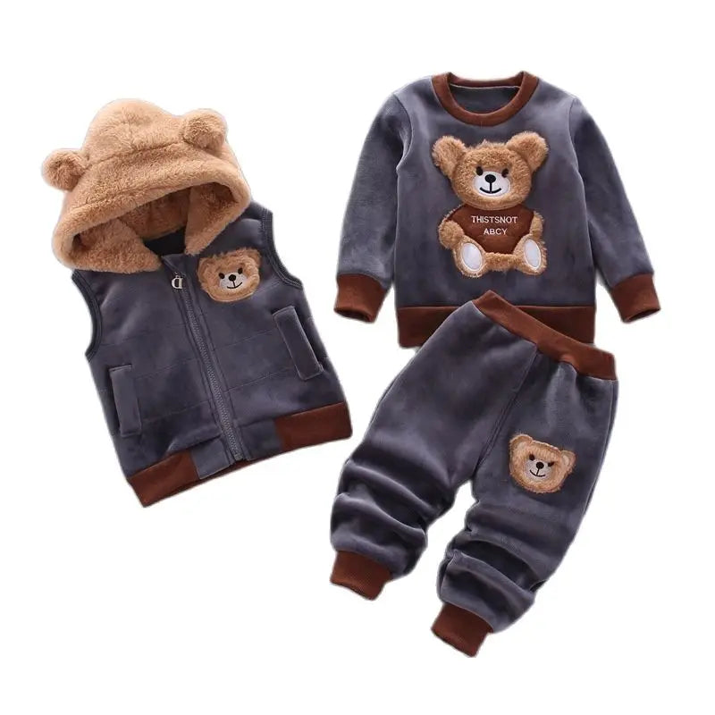 Three-Piece Toddler Plush Winter Outfit with Bear Design, Including Hoodie Vest, Long Sleeve Top, and Pants