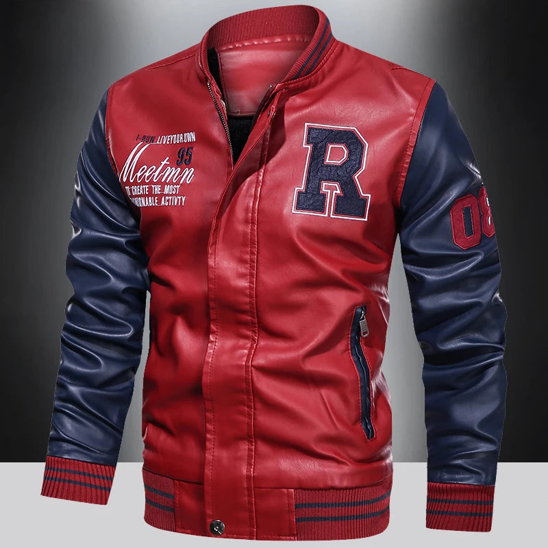 Mens Varsity Letterman Jacket with Embroidered Patches and Contrast Sleeves for Trendy Casual Wear