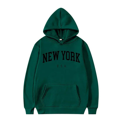 New York USA Graphic Hoodie with Kangaroo Pocket and Ribbed Cuffs for Urban Casual Style