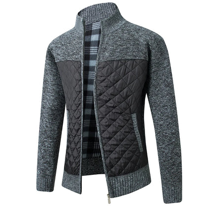 Men's Quilted and Knit Zip-Up Jacket with High Collar and Plaid Lining