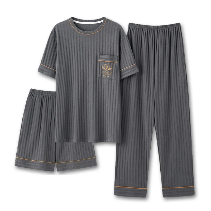 Men's Striped Short and Long Sleeve Pajama Set with Chest Pocket and Contrast Piping for Versatile Sleepwear Options