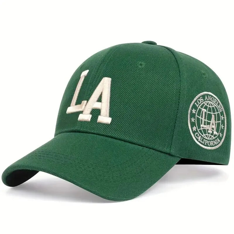 Embroidered LA Baseball Cap with Adjustable Strap and Side Patch Detailing for Casual Wear