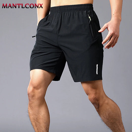 Men's Quick-Dry Athletic Shorts with Zipper Pockets and Reflective Detailing, Featuring an Elastic Waistband and Drawstring Closure