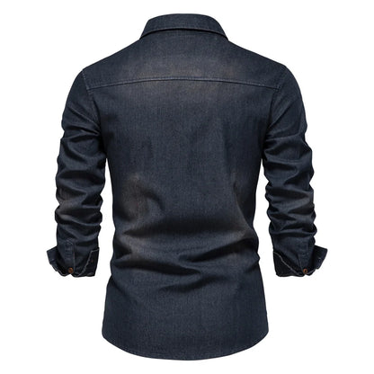 Men's Long Sleeve Denim Shirt with Button-Down Front and Chest Pockets