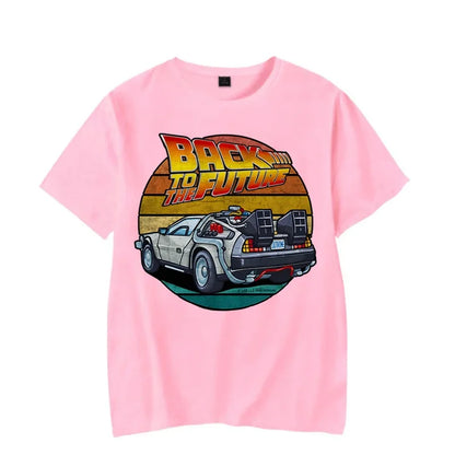 Men's Short Sleeve Retro Graphic T-Shirt Featuring Iconic Car Design and Nostalgic "Back to the Future" Theme