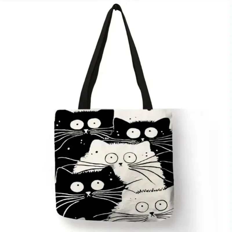 Canvas Tote Bag with Whimsical Cat Print and Heart Accent for Women