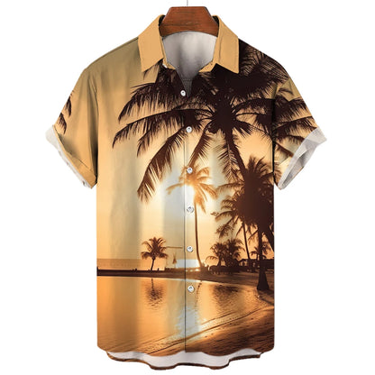 Vintage Surf and Palm Tree Print Short-Sleeve Hawaiian Shirt with Button-Up Closure and Turn-Down Collar