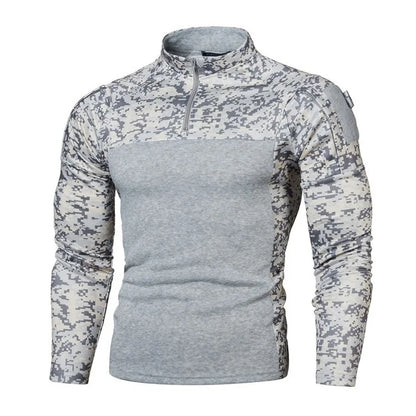 Men's Tactical Long-Sleeve Camouflage Combat Shirt with Quarter-Zip Closure