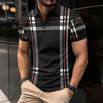 Men's Short Sleeve Polo Shirt with Horizontal Stripe Design and Button Placket for Casual Wear