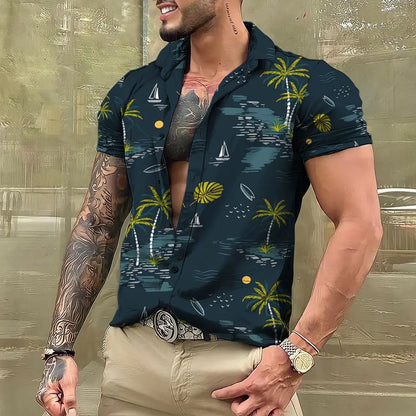 "Men's Tropical Print Short Sleeve Casual Button-Up Shirt with Relaxed Fit"