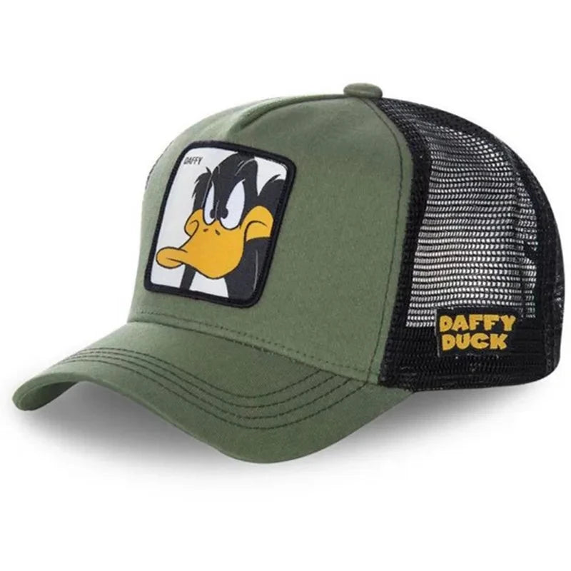 "Mesh Back Trucker Cap Featuring Iconic Cartoon Character Patches for Casual Wear"