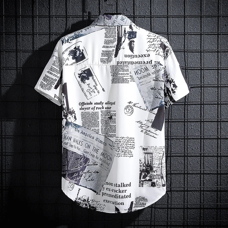 Men's short sleeve button-up shirt with bold newspaper print design and turn-down collar for a trendy, urban look