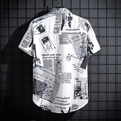 Men's short sleeve button-up shirt with bold newspaper print design and turn-down collar for a trendy, urban look