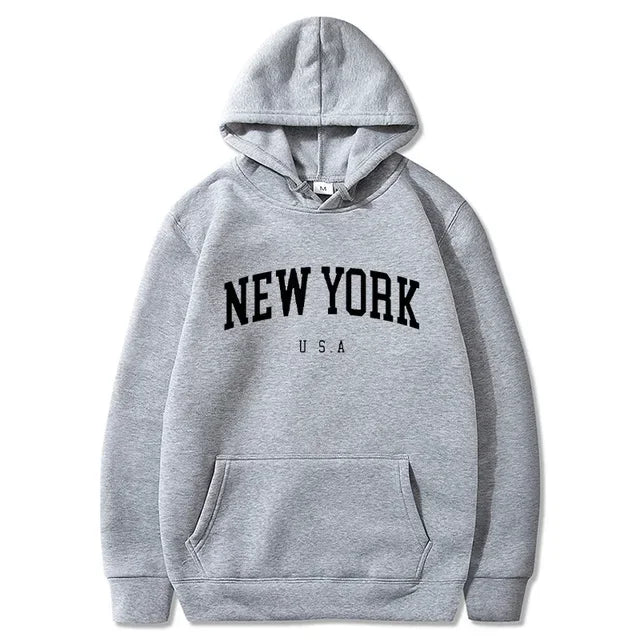 New York USA Graphic Hoodie with Kangaroo Pocket and Ribbed Cuffs for Urban Casual Style