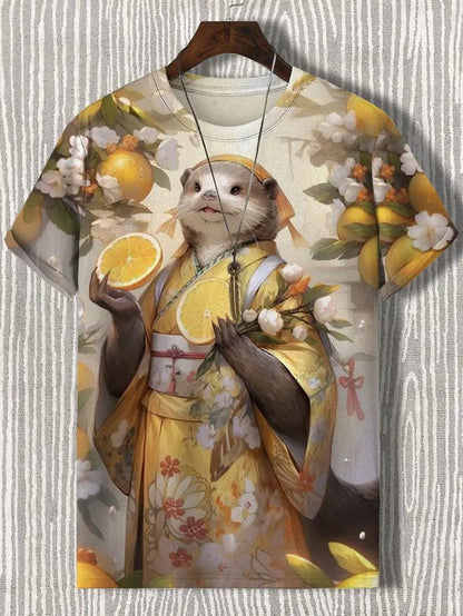 Men's Short Sleeve T-Shirt with Samurai Panda Graphic and Detailed Autumn Background Design