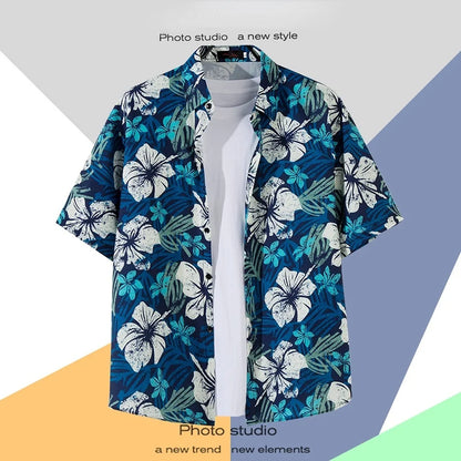 Men's Tropical Floral Print Short Sleeve Shirt with Turn-Down Collar and Lightweight Fabric for Summer Casual Wear