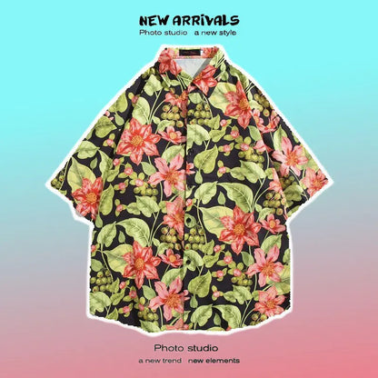 Men's Tropical Floral Print Short Sleeve Shirt with Turn-Down Collar and Lightweight Fabric for Summer Casual Wear