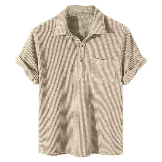 Men's Short Sleeve Polo Shirt with Ribbed Texture and Front Pocket for a Relaxed Casual Look