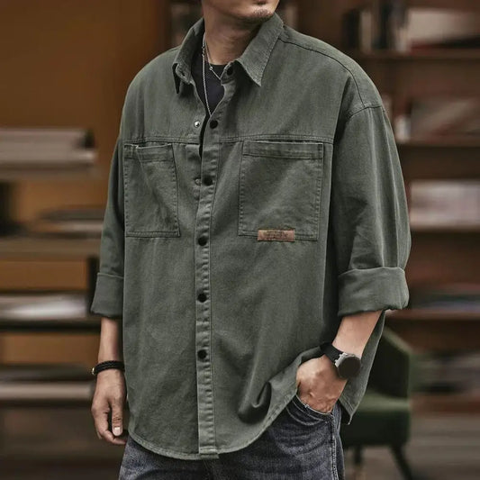 Casual Long-Sleeve Button-Up Shirt with Dual Chest Pockets and Turn-Down Collar