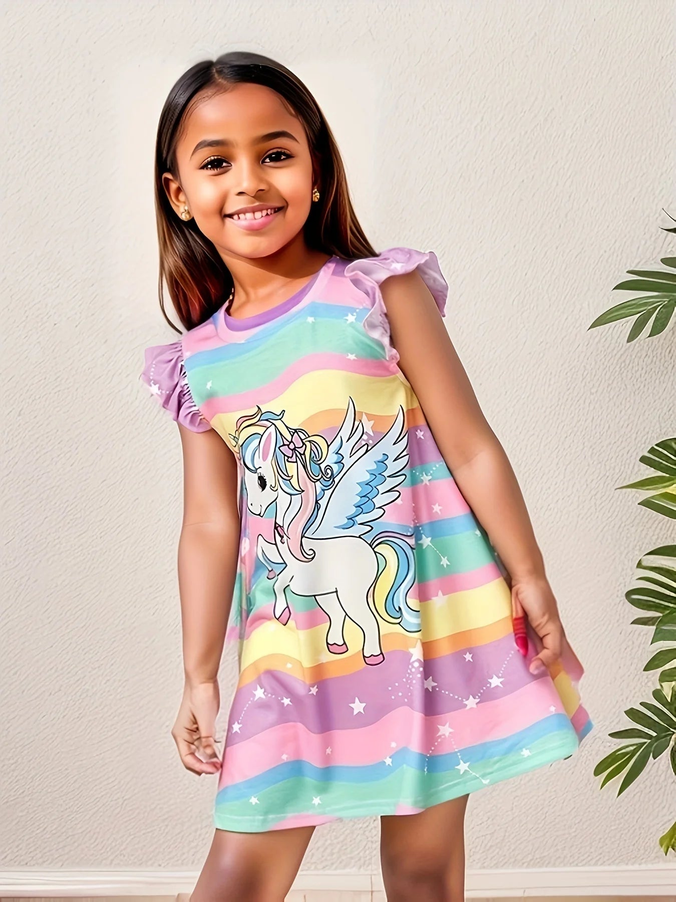 Girls' Unicorn and Rainbow Dress with Ruffled Sleeves – Adorable and Comfortable Summer Wear for Kids