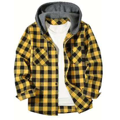 Plaid Flannel Hoodie Shirt with Button-Up Front and Dual Chest Pockets