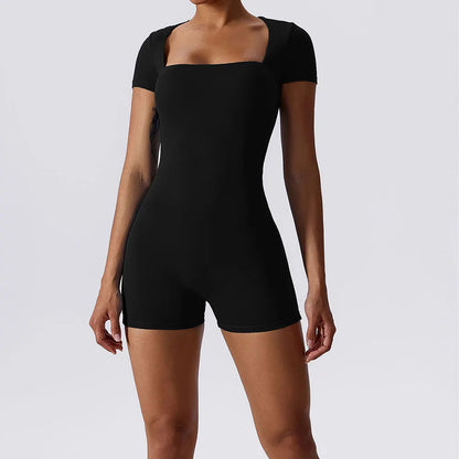 Women's Short-Sleeve Square Neck Fitness Romper with Body-Hugging Design for Yoga and Workout