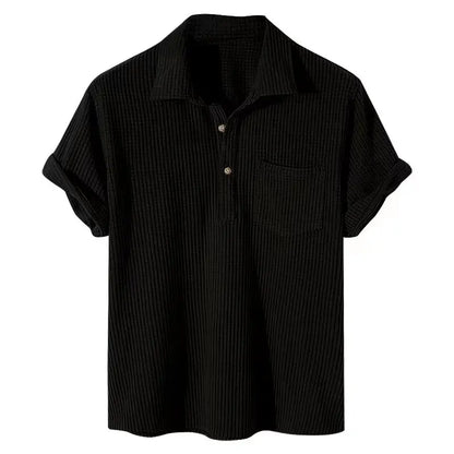 Men's Short Sleeve Polo Shirt with Ribbed Texture and Front Pocket for a Relaxed Casual Look