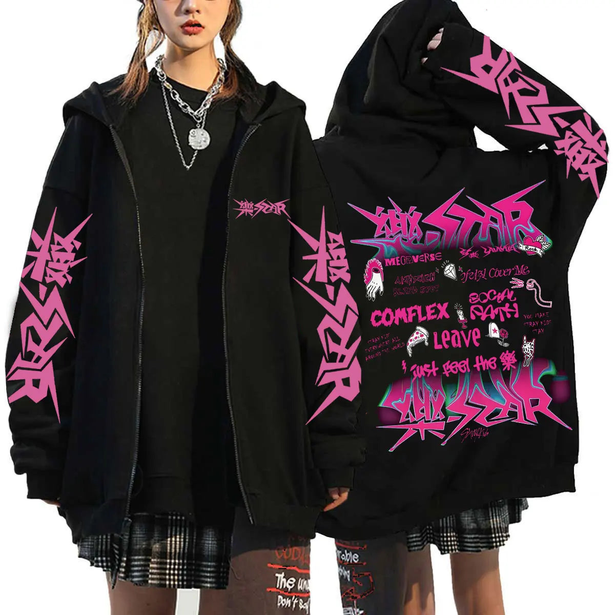 Unisex Streetwear Graphic Hoodie with Bold Arm and Back Designs, Full-Zip Closure, and Oversized Fit for a Trendy Look