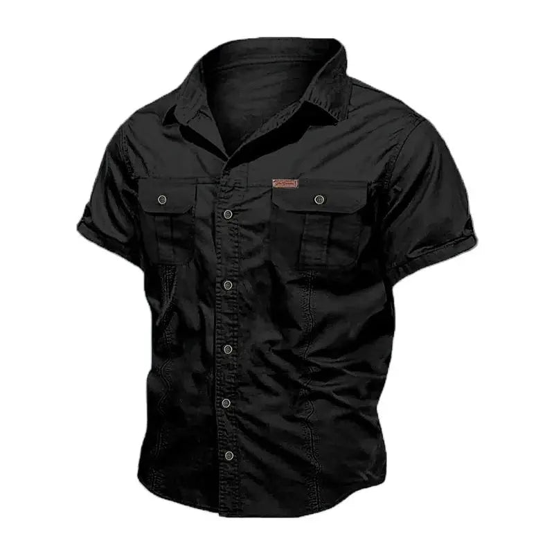 Men's Short-Sleeve Button-Up Shirt with Double Chest Pockets and Lightweight Design, Perfect for Casual Summer and Outdoor Activities