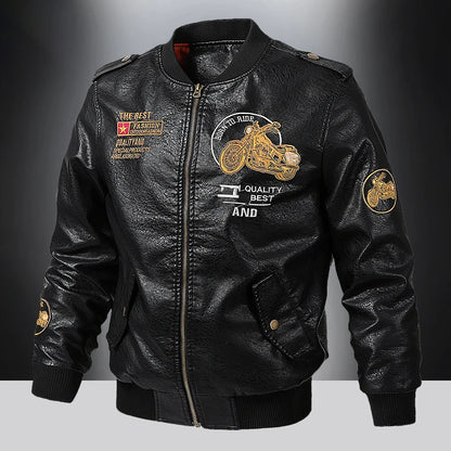 Men's Embroidered Faux Leather Bomber Jacket with Motorcycle Patches and Ribbed Cuffs