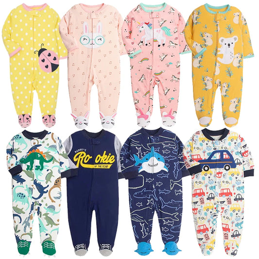 Adorable Footed Baby Onesies Set with Cute Animal and Cartoon Prints - Soft and Comfortable Fabric - Ideal for Sleep and Play - Suitable for Infants and Toddlers