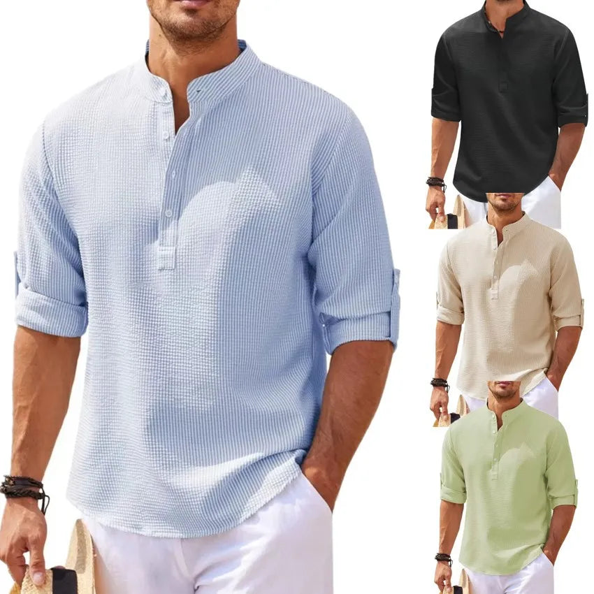 Men's Lightweight Long-Sleeve Casual Henley Shirt with Mandarin Collar and Button Placket, Perfect for Summer and Spring Outings